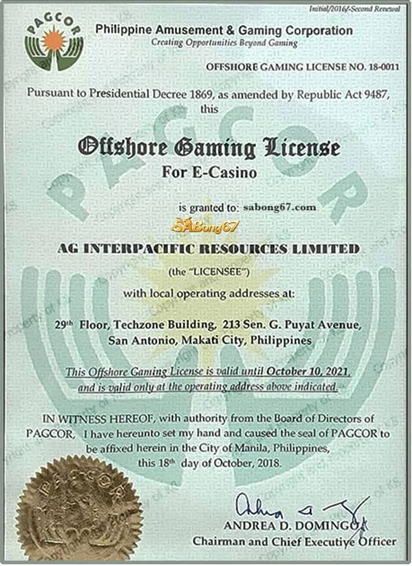 Giấy phép hoạt động Sabong67 Giấy phép hoạt động Sabong67
